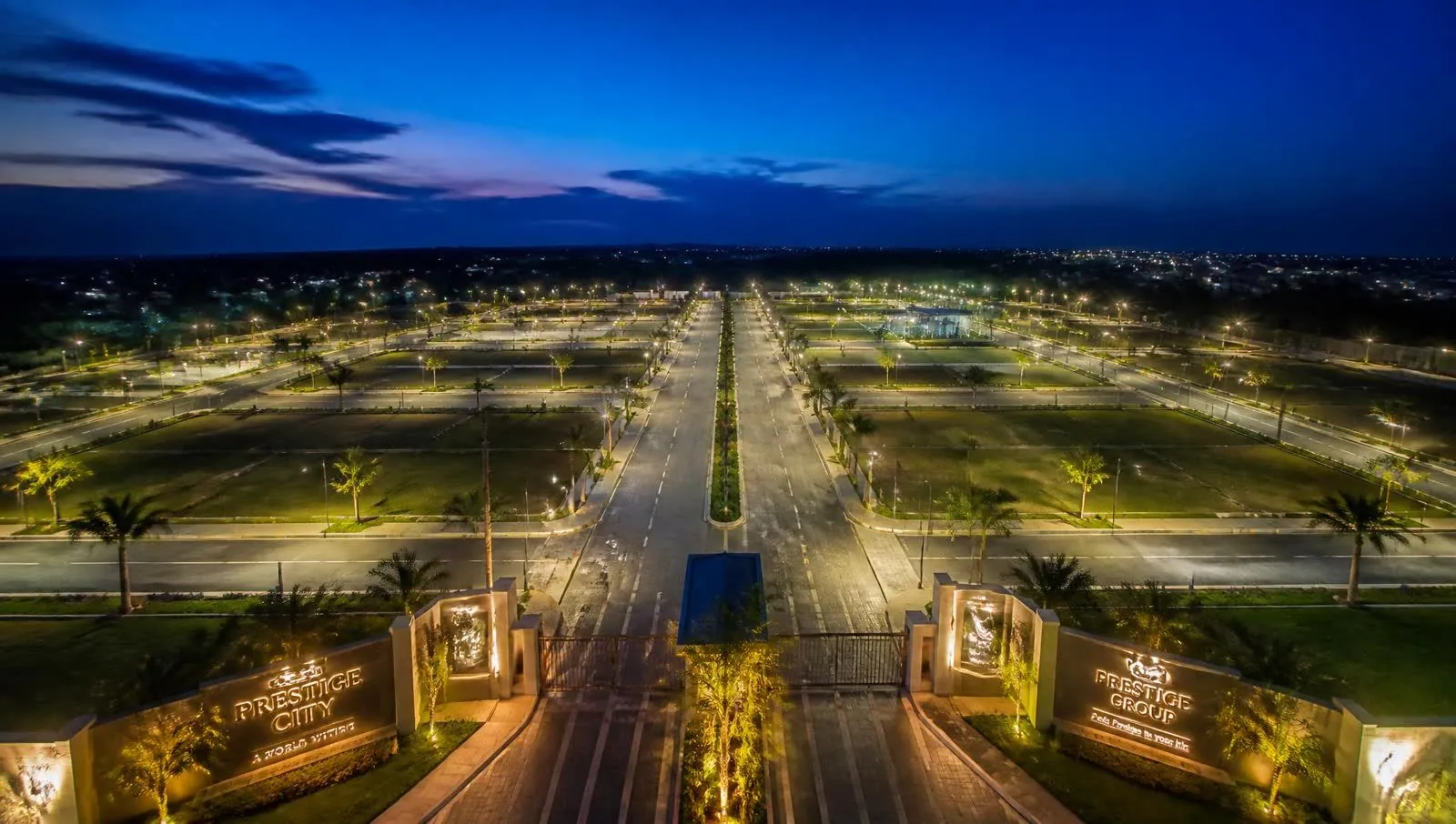 Aerial twilight view of a premium gated plotted township